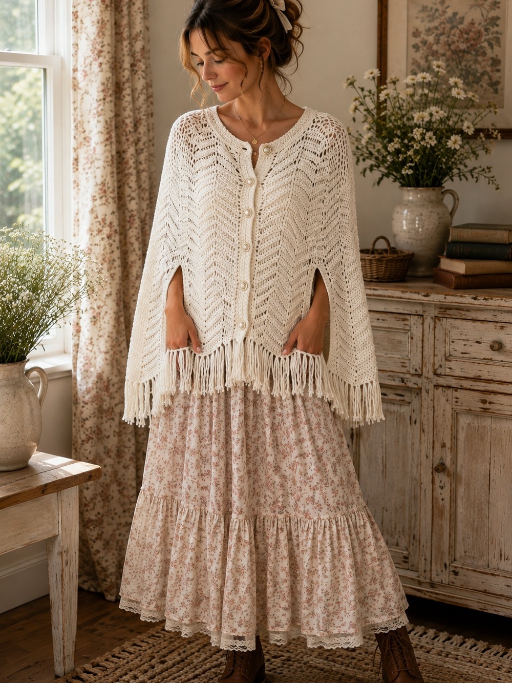 Boho Ivory Crochet Fringe Cardigan Shaw Button Front Chevron